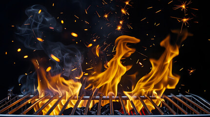 Fiery barbecue grill close up with bright orange flames and glowing hot coals producing smoke and sparks against black background