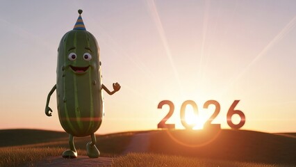 Happy cartoon pickle celebrates 2026 in sunny field