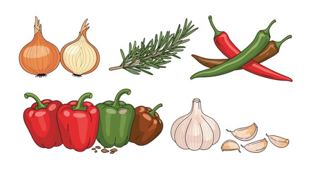 Colorful assortment of fresh produce and aromatics including onions rosemary peppers and garlic arranged together for culinary inspiration.