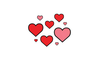 A cluster of cartoon hearts in shades of red and pink with thick black outlines on a white background
