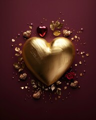 Golden Heart with Red Rose, isolated on transparent background
