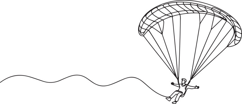 One continuous line drawing of young bravery man flying in the sky using paragliding parachute. Outdoor dangerous extreme sport concept. one line Icon drawing