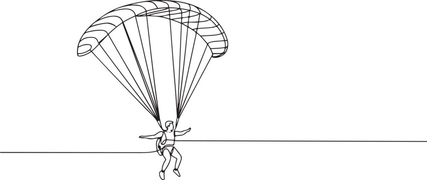 One continuous line drawing of young bravery man flying in the sky using paragliding parachute. Outdoor dangerous extreme sport concept. one line Icon drawing
