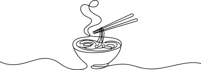 One continuous line drawing of fresh delicious Japanese ramen restaurant logo emblem. Fast food Japan noodle cafe shop logotype template concept. one line Icon drawing