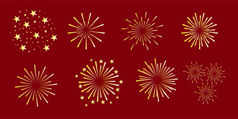 Golden fireworks flat vector isolated, set elements sparks for banner, decoration