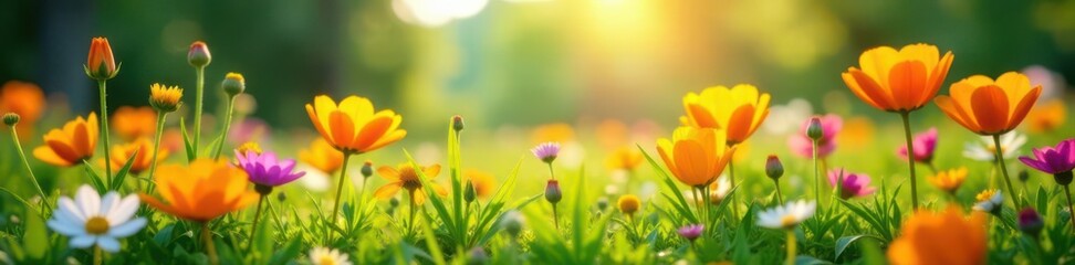 Vibrant wildflowers bloom across a sun-drenched meadow , wildflower meadow, sunny