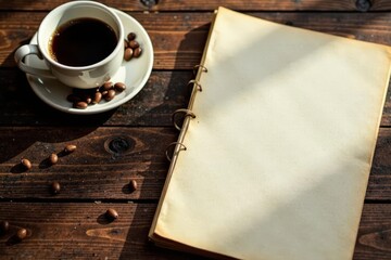 Warm coffee aroma, blank notebook pages, aged wood , rustic, closeup, texture