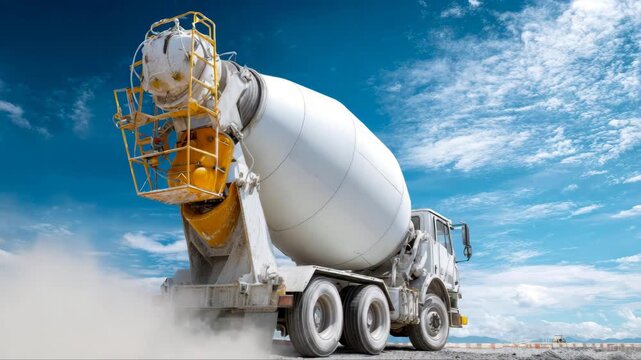 Cement mixer truck in action, showcasing powerful machinery with rotating drum, dust clouds rising, camera zooming in for detailed view of construction equipment