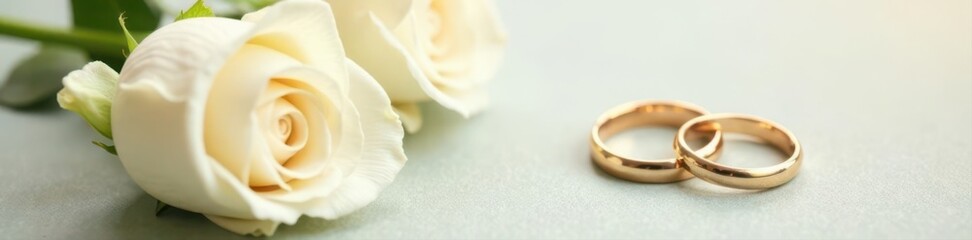 White roses & gold wedding bands; refined invite design, beautiful, white roses