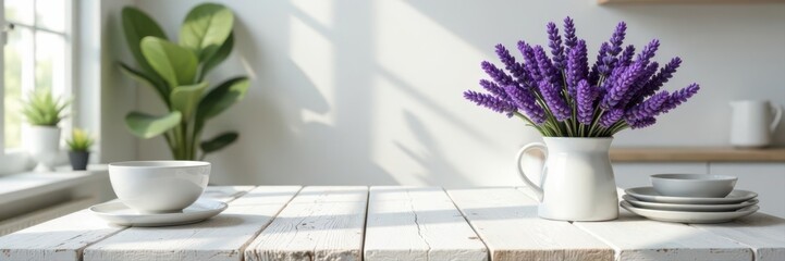 Whitewashed table, purple lavender bouquets, ceramic plates, sunlight, summer, background