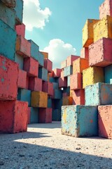 Wide panoramic view of stacked concrete blocks , surface, geometric