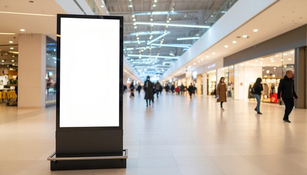 Indoor shopping mall view with blank advertising digital display and blurred people walking in the background. High quality
