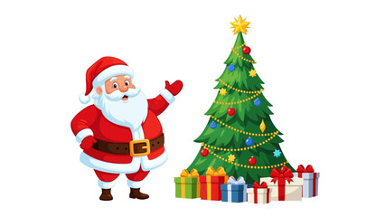 Naklejka premium Cartoon Santa Claus standing near Christmas tree with gifts on white background