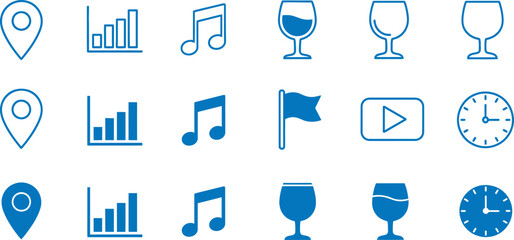 Collection of various icons including location markers graphs music notes flags and clocks in blue on a white background © RAC.Design-Magic