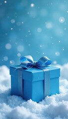 Abstract blue gift box on snowy, winter background Subtle snowflake pattern , snow pattern, frost