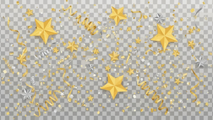 Festive celebration with gold and silver stars confetti overlaying transparent backdrop