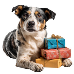 Dog with Christmas gift boxes