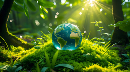 Vibrant and glowing earth globe resting gently on a lush green mossy hill in a sun-drenched forest, symbolizing environmental protection and global conservation efforts