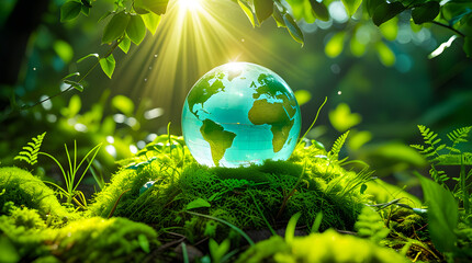 glowing earth globe placed on mossy mound in sun-dappled forest with vibrant green foliage and ferns, sun rays pierce through canopy representing ecofriendly concept healthy planet and natural