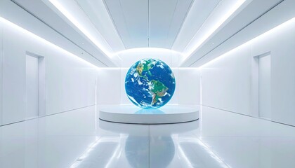 Futuristic White Corridor Displaying A Pixelated Earth Globe On A Pedestal With Subtle Lighting