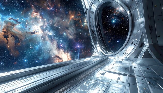 Futuristic spaceship interior looking out at a colorful nebula and distant stars in outer space with metallic textures and bright lights - Powered by Adobe