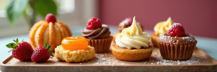 Assortment of bite-sized treats, beautifully presented , appetizing, vibrant, catering