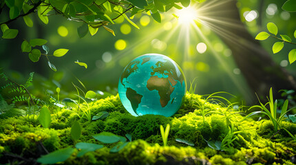 earth planet resting on soft green moss in beautiful sunlit forest setting, surrounded by lush vegetation and ferns, with golden sun rays shining through, symbolizing nature's delicate balance