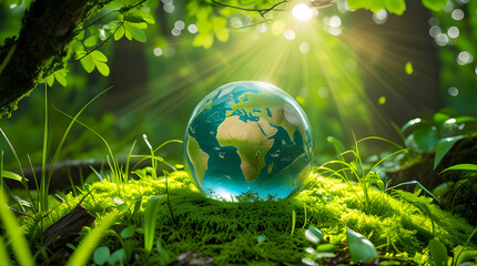 crystal clear earth globe placed on vibrant mossy cushion in enchanting sunlit forest, light shafts piercing through dense leaves and branches, highlighting ecosystem's health and need for environment