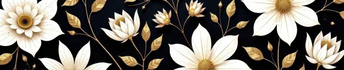 Black & white floral pattern with gold accents; geometric, sophisticated texture , stylish, floral, elegant