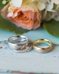 Wedding Rings with Floral Arrangement, isolated on transparent background