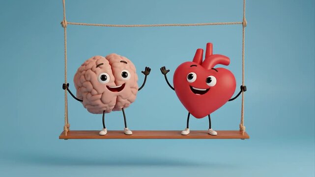 Pink brain and red heart characters on a swing set. Balance friendship between logic and emotion, health and mental wellbeing concept. Healthy friends get along together. Cartoon art illustration.