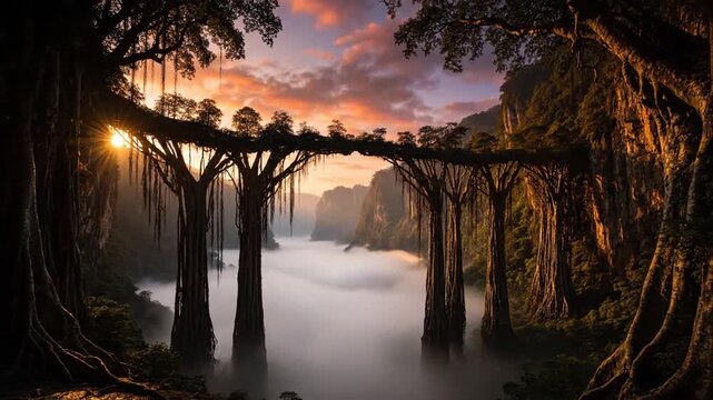 A serene video of a misty swamp at sunset with ancient trees and vibrant foliage