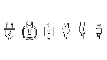 Line drawing of various electrical plugs and adapters on a white background.