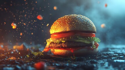 Juicy burger with sparkling effects