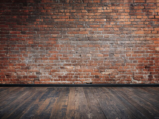Empty interior with aged red brick wall and wooden floor, clean industrial background