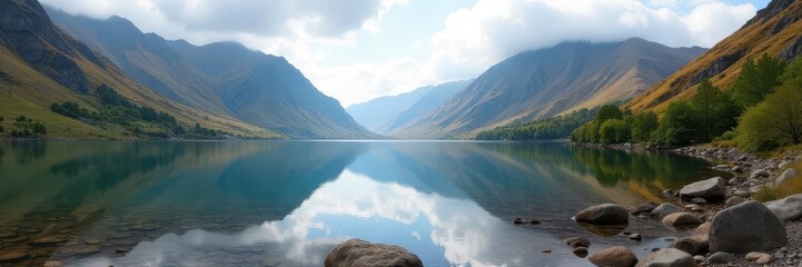Buttermere panorama, dramatic fell backdrop, clear waters , view, England, countryside