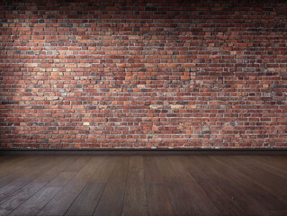 Empty interior with exposed red brick wall and wooden floor, industrial wall art mockup
