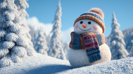 Cheerful snowman wearing woolen hat and striped scarf on snowy hill with frosted pine trees