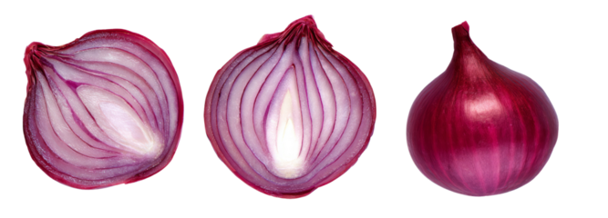 Slicing fresh red onions with transparent background culinary kitchen food photography close-up