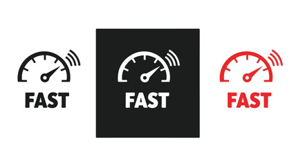 Three speedometer icons with 'FAST' labels in black, white, and red on a plain white background.