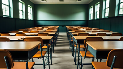 Empty rows of wooden desks and chairs facing front of classroom with large windows on sides