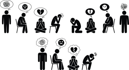 Stick figures depicting various stages and expressions of sadness, depression, and mental distress