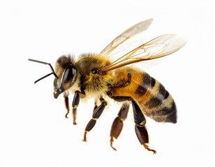 Bee Close Up, Honeybee Macro View on White Background No Shadow
