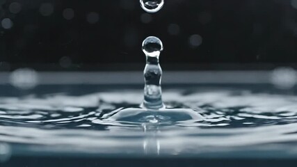 Captivating highspeed macro shot of a single water drop impacting a pristine liquid surface creating a beautiful crown splash and subsequent rebound column showcasing the intricate physics of fluid d. - Powered by Adobe
