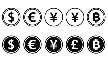 Graphic illustration of various currency symbols including dollar, euro, yen, pound, and bitcoin on a white background.