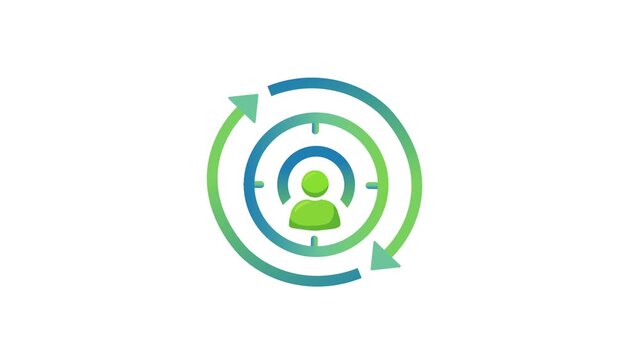 Retargeting Ads icon showing a target with looping arrows around a user profile. Minimal Flat design animation  on white background. 