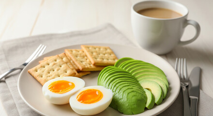 Plate with boiled eggs, avacado and crackers and a cup of coffee on the table