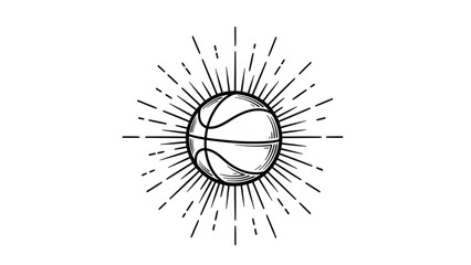 A black and white hand-drawn illustration of a basketball with radiating sunburst lines on a white background