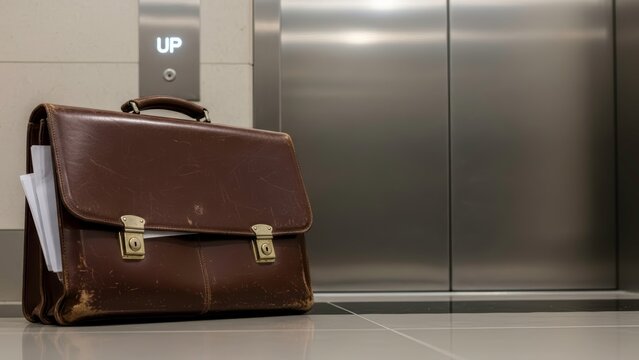 A worn brown leather briefcase sits in front of an elevator with the UP button illuminated.