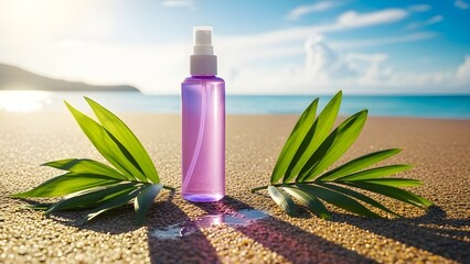 Summer Body Mist Mockup on Tropical Beach with Palm Leaves